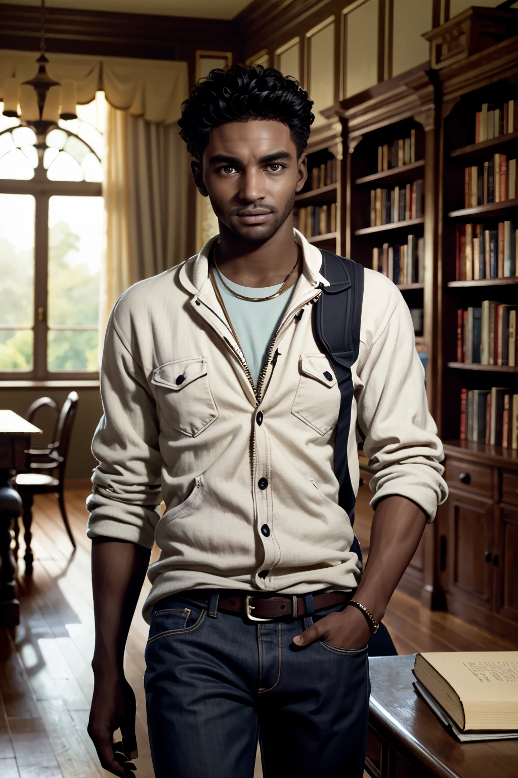 ((ultra detailed, masterpiece, absurdres))
<lora:DPDIMMark:0.9>
DPDIMMark, 1boy, dark skin, brown eyes, short hair, cowboy shot, Vintage Library Interior