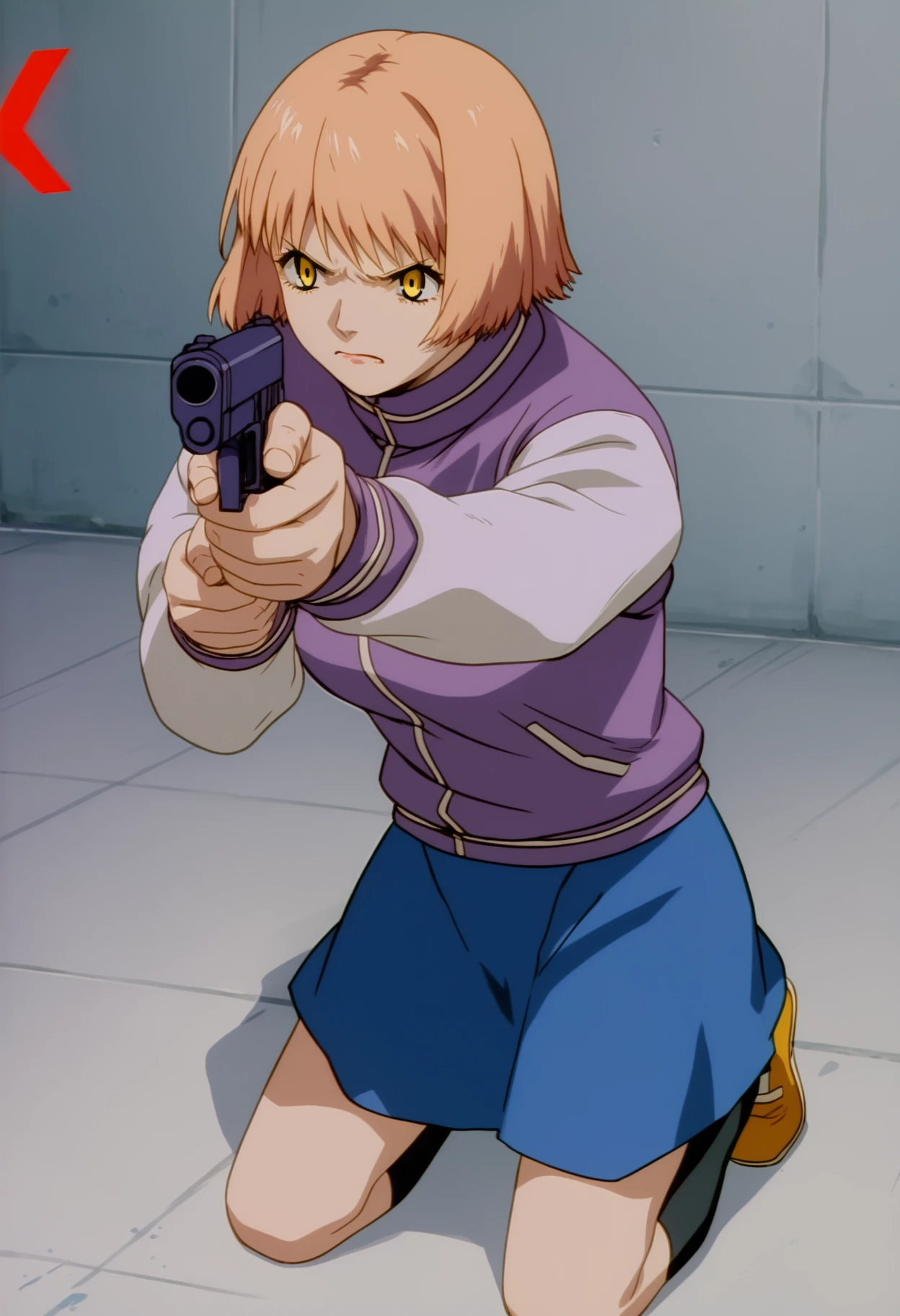 score_9, score_8, score_7, source_anime,
rating_general,
<lora:mikura-ponyxl-000030:1> mikuraova, yellow eyes,
letterman jacket, purple shirt, white sleeves, skirt, blue skirt,
1girl, solo, kneeling, aiming, firing, handgun, bowling alley
