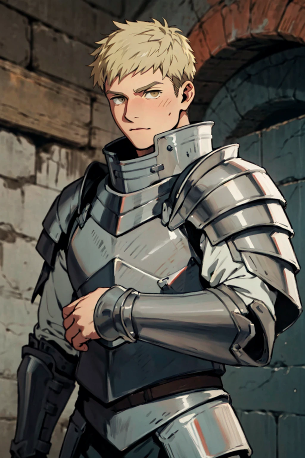 (1 image only),  solo male,  1boy,  Laios Touden,  Delicious in Dungeon,  knight,  blond hair,  short hair,  light gold eyes,  average height,  silver plate armour,  silver gauntlets,  white shirt under armor,  silver knee guards,  simple brown boots,  handsome,  charming,  alluring,  standing,  upper body in frame,  perfect anatomy,  perfect proportions,  2d,  anime,  (best quality,  masterpiece),  (perfect eyes,  perfect eye pupil),  high_resolution,  dutch angle,  dungeon location,  (Hands:1.1),  better_hands,<lora:EMS-498-EMS:0.300000>,<lora:EMS-290586-EMS:0.600000>