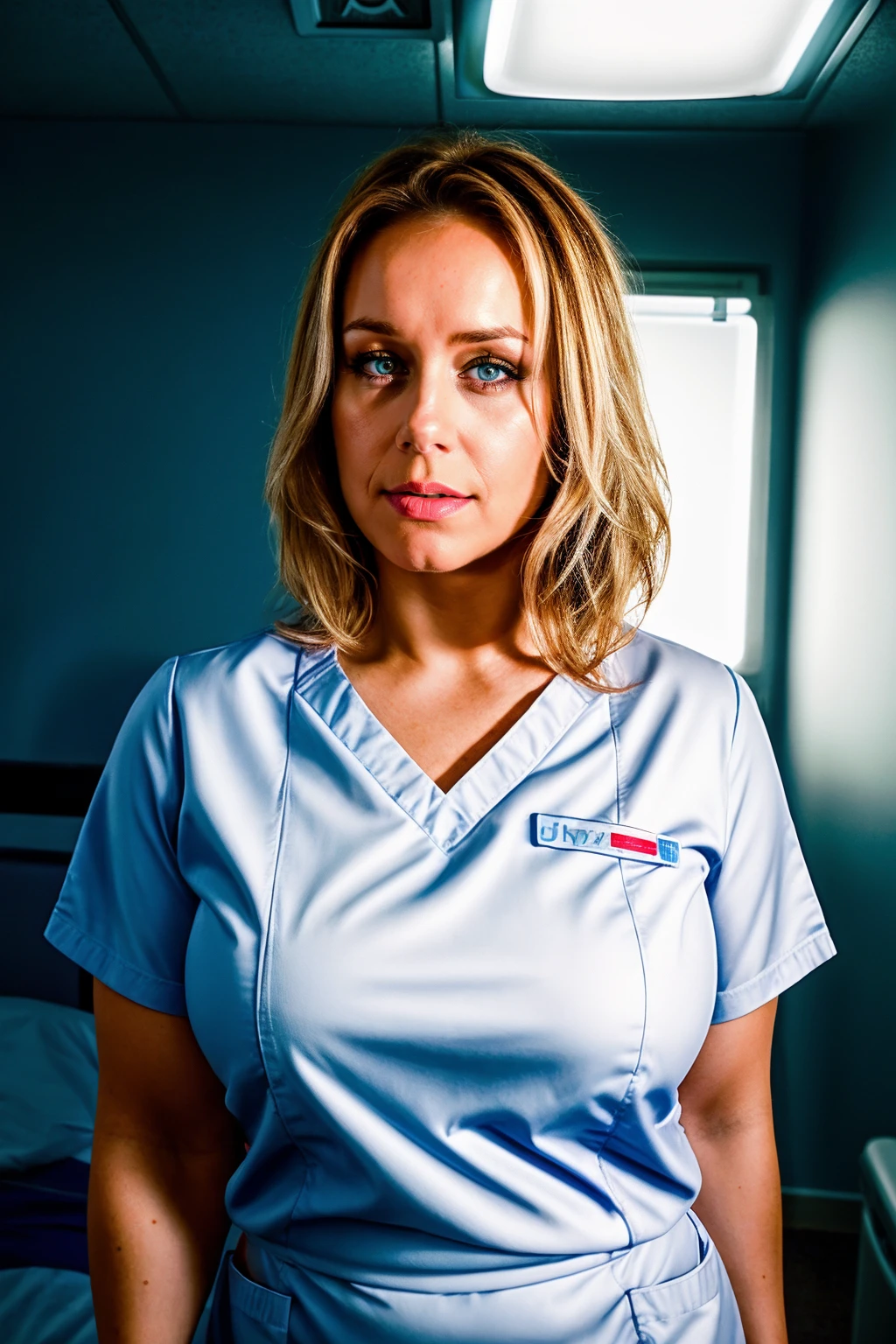 subject: [nurses running around], perspective: [wide shot, eye-level], clothes: [blue scrubs], environment: [hospital, emergency room], medium: [analog photography], lighting: [neon, white, bright], mood: [frantic] photorealism. cinematic lighting. hyper detailed. Ultra realistic Cinematic Shot, nadir camera, 32k, UHD, IMAX film