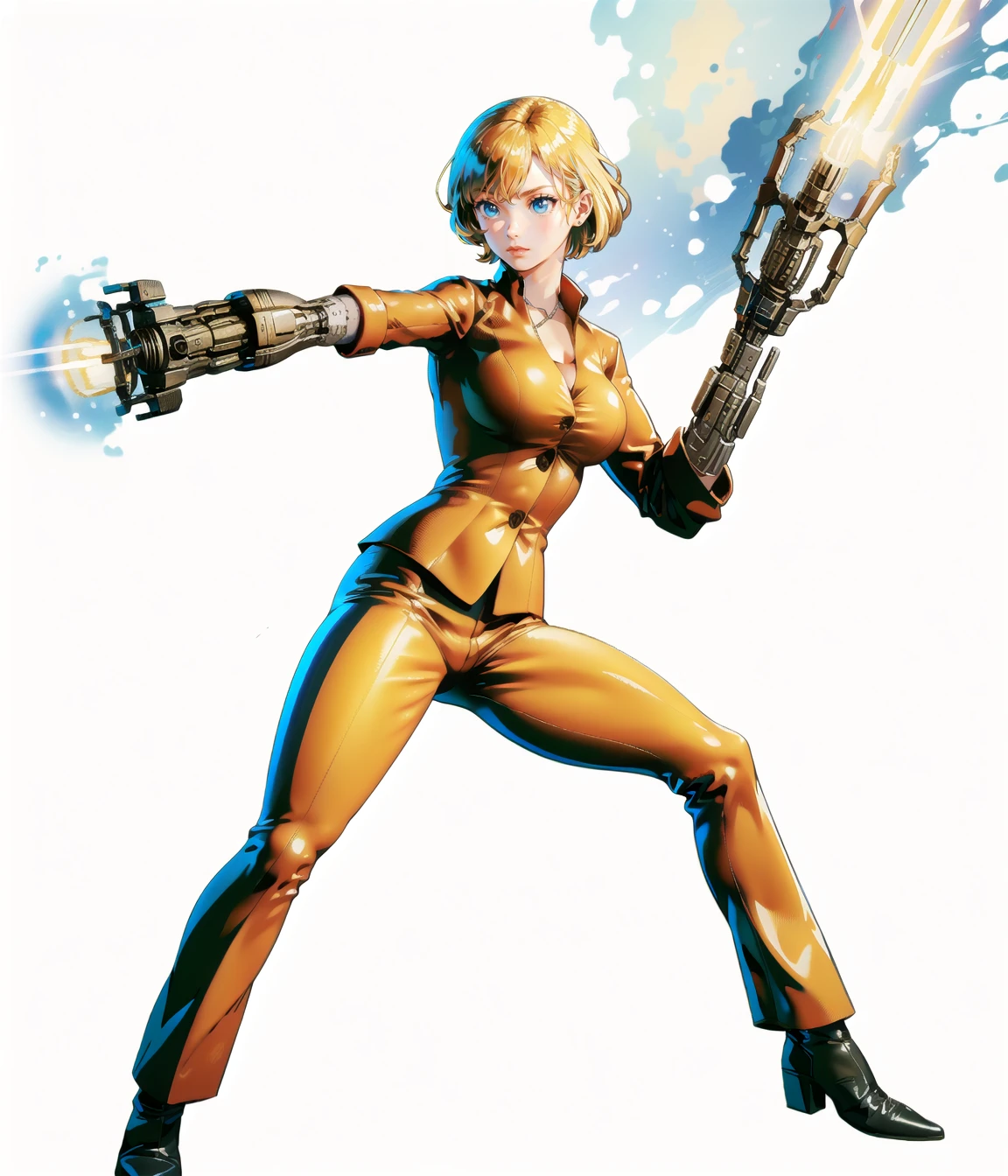 <lora:TERMINATRIX:0.9>, t-x, arm cannon, terminator 3, blonde hair, wide shot, single mechanical arm, glowing weapon,