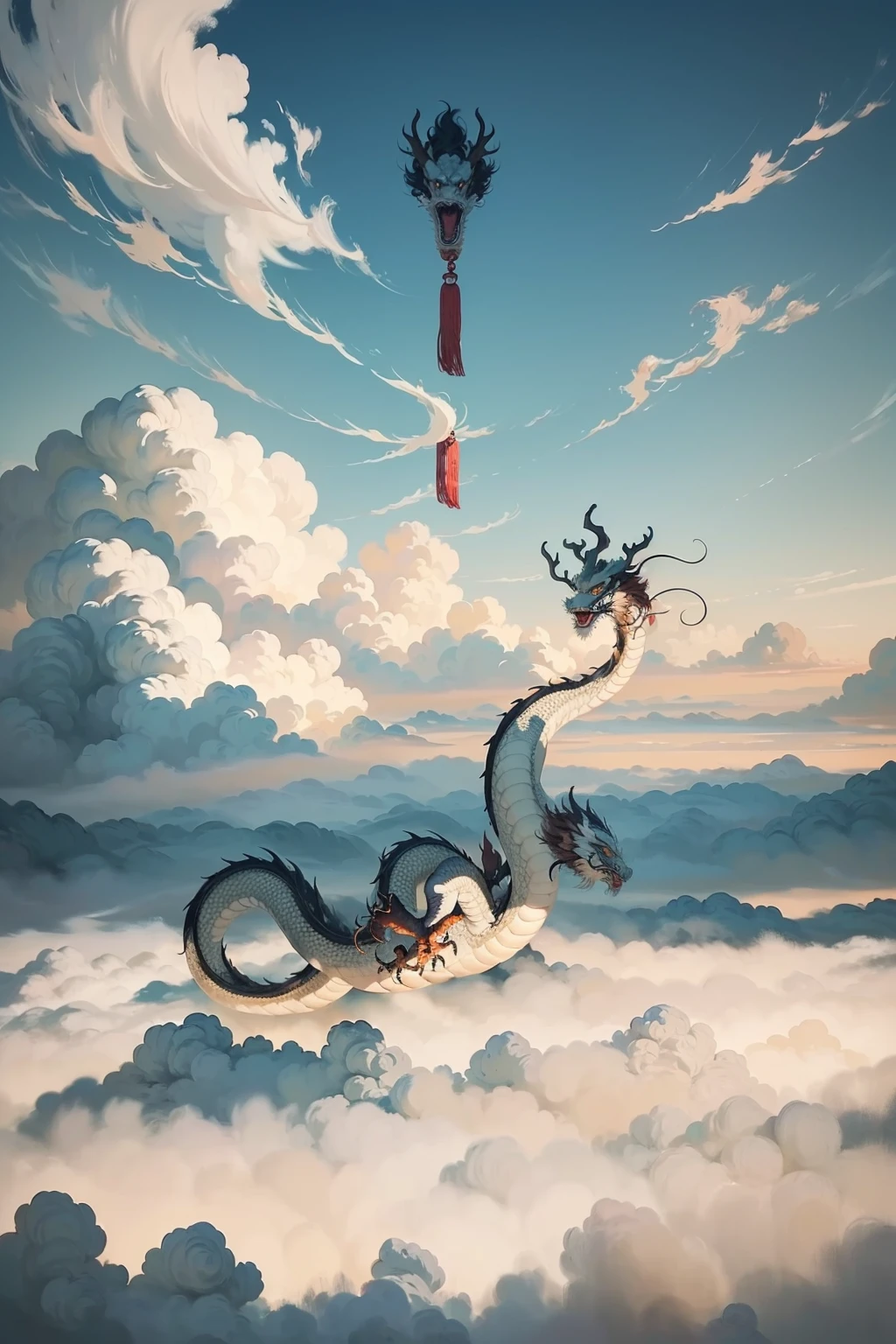 loong,cloudy sky,claws,eastern dragon,long tail,whiskers,chinese new year,cloud,no humans,gunzan,sky,cloud horizon,sun,outdoors,QINGLONG,SOLO,(Science fiction),((Soaring in the clouds and riding in the fog)),(((The dragon body disappears and appears in the clouds))),(full body:1.3),(ink wash painting:1.2),east asian architecture,<lora:0221 loong_v2:1>,ruanyi0221,(((floating in the clouds))),, ((masterpiece, high quality, best quality, 8k, wallpaper, detailed))