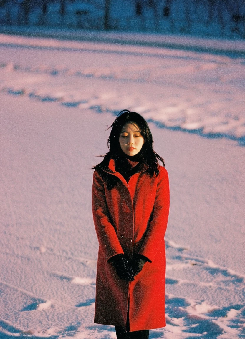 SDS_girl,red aura,katherine lam,a person walking in the snow,panasonic 35mm,indieground,cover shot,album artwork,soft emotion,inspired by kiyohara tama,depth of filed,funeral,a still of a happy,melancholy scenery,official artwork,character album cover,disposable film,highres,Tyndall effect,moody lighting,reality,photo_(medium),polaroid,ulzzang,