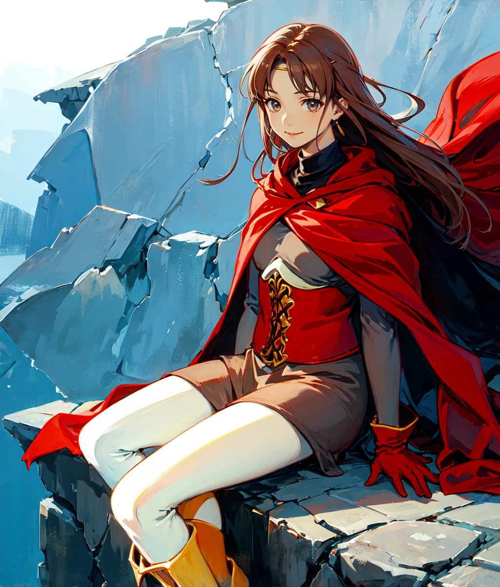 masterpiece, anime screencap, 1 girl, solo, brown hair, long hair, smile, circlet, pants, cape, armor, sitting, closeup, hand on hair, hair on wind, full body, outdoors, cliff <lora:Odessa:1>