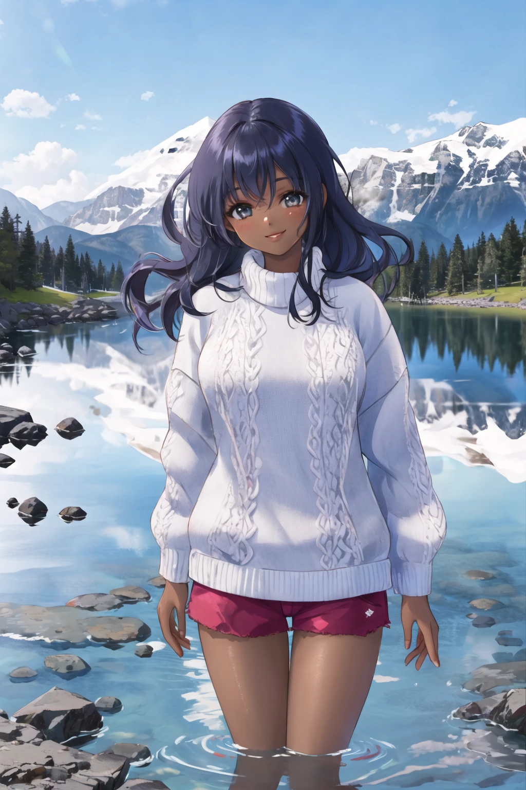 mountain, lake, <lora:mountain-10:0.6>, <lora:Leirix2-10:0.6>, dark-skinned female, wading, sweater, shorts, long hair, lips, smile