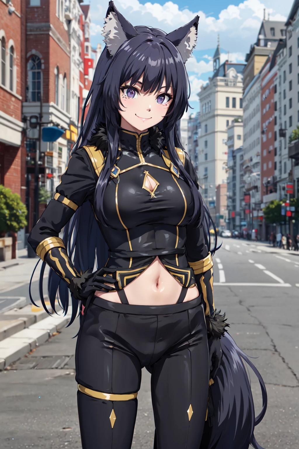 masterpiece,best quality,highres,ultra-detailed,delta,animal ears,long hair,low-tied long hair,bodysuit,black bodysuit,midriff,black shirt,cleavage cutout,long sleeves,navel,gloves,tail,pants,black pants,fur trim,boots,<lora:delta_(kage_no_jitsuryokusha_ni_naritakute!):0.7>,outdoors,standing,:smile,cowboy shot,
