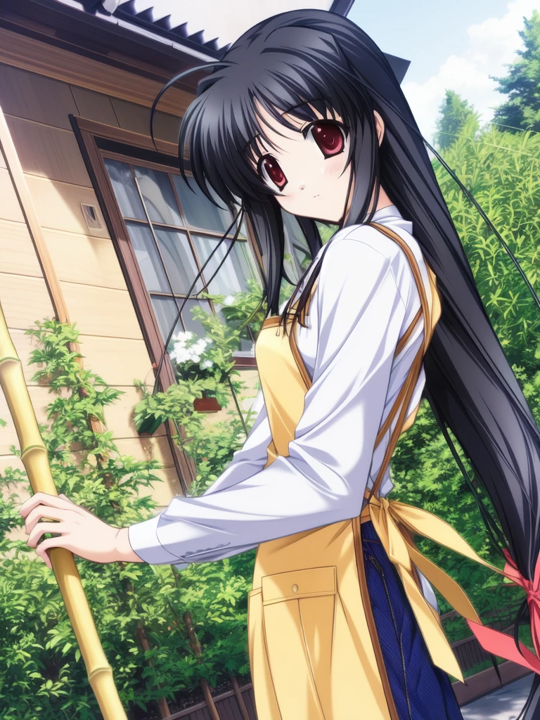<lora:Mashita_Haruka:0.8>,  MashitaHaruka, 1girl, solo, broom, apron, dutch angle, bamboo broom, ribbon, long sleeves, plant, bow, outdoors, denim, hair bow
masterpiece, high quality, very_high_resolution, large_filesize, full color,
