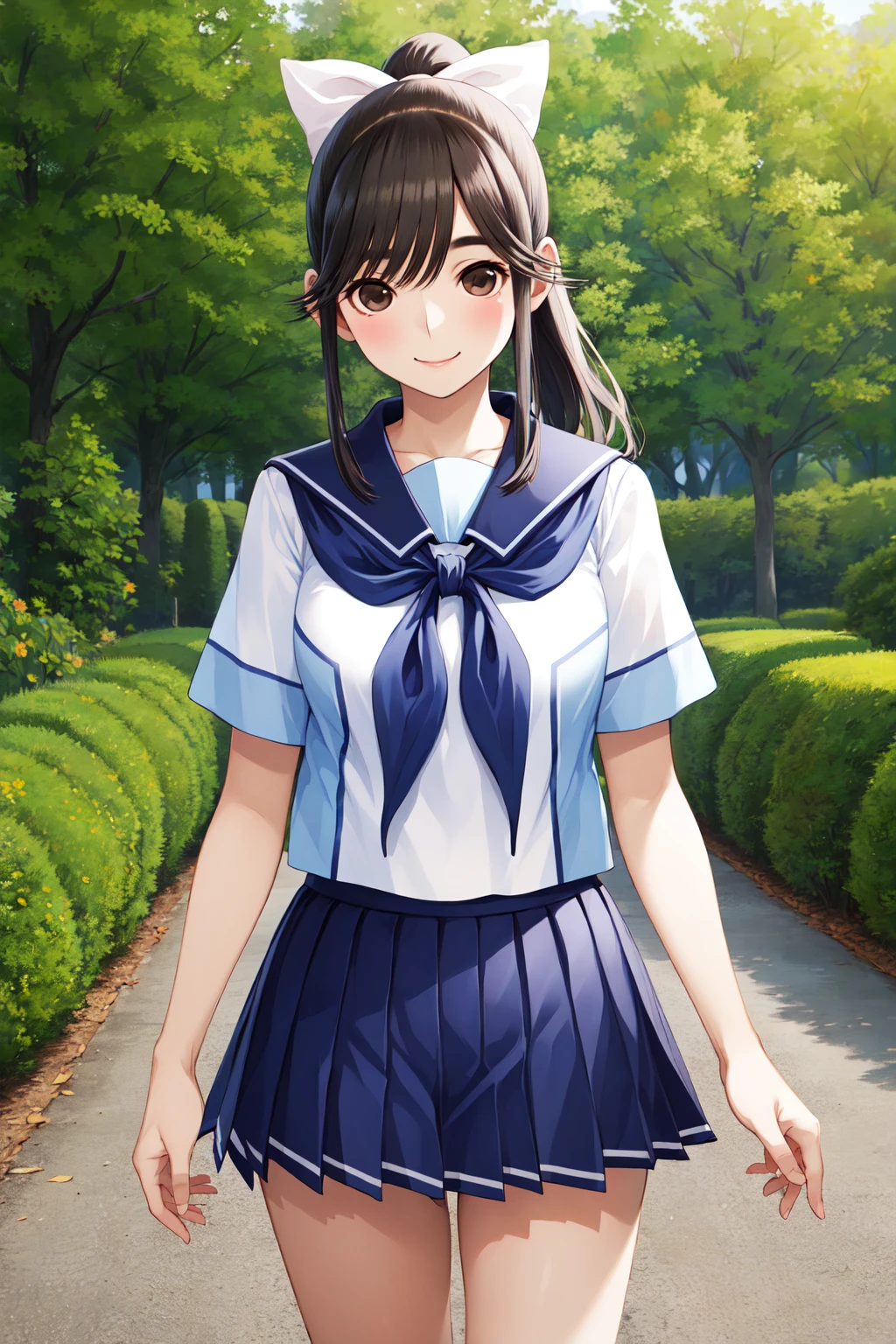masterpiece, best quality, highres, aamanaka, long hair, ponytail, hair bow, serafuku, white shirt, short sleeves, sailor collar, blue neckerchief, pleated skirt, blue skirt, <lora:takane_manaka_v1:0.7>, standing, cowboy shot, smile, outdoors