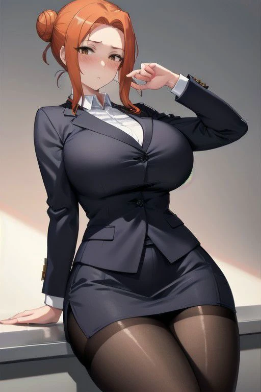 HDR,UHD,8K, best quality, masterpiece, Highly detailed, extreme detail description, 1girl, solo,
Tachibana Kyouka, hair bun, orange hair, sidelocks, brown eyes, gigantic breasts, mature female, pale skin,
business suit, black jacket, white shirt, long sleeves, formal suit, office lady, skirt, tights,