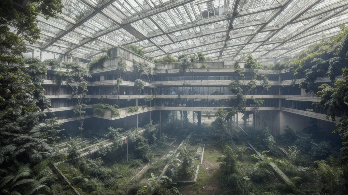 abandoned building, shopping mall, overgrown with vegetation, high quality, high resolution, extreme detail, masterpiece, intricate details, [volumetric fog], cinematic lighting, photographed on a Canon EOS R5, 50mm lens, F/2.8, HDR, 8k resolution, colorful