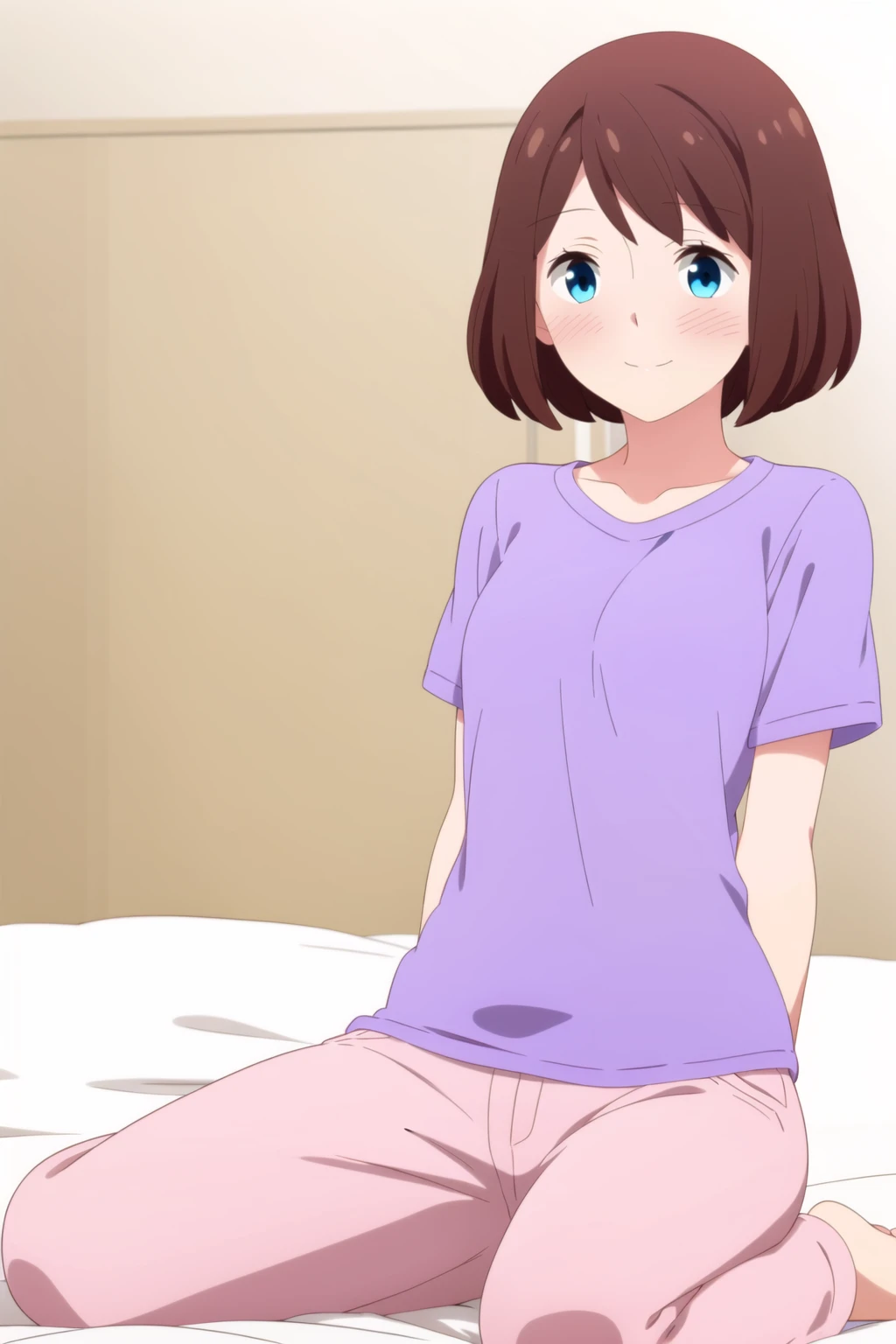 masterpiece, best quality, indoors, bedroom, 1girls, solo, full body, sitting, <lora:Saki_Kanda_NSL-V1:0.7>, short hair, bangs, brown hair, blue eyes,,short sleeves, purple shirt, pants, pajamas, pink pants, light smile, blush, arms behind back, closed mouth,