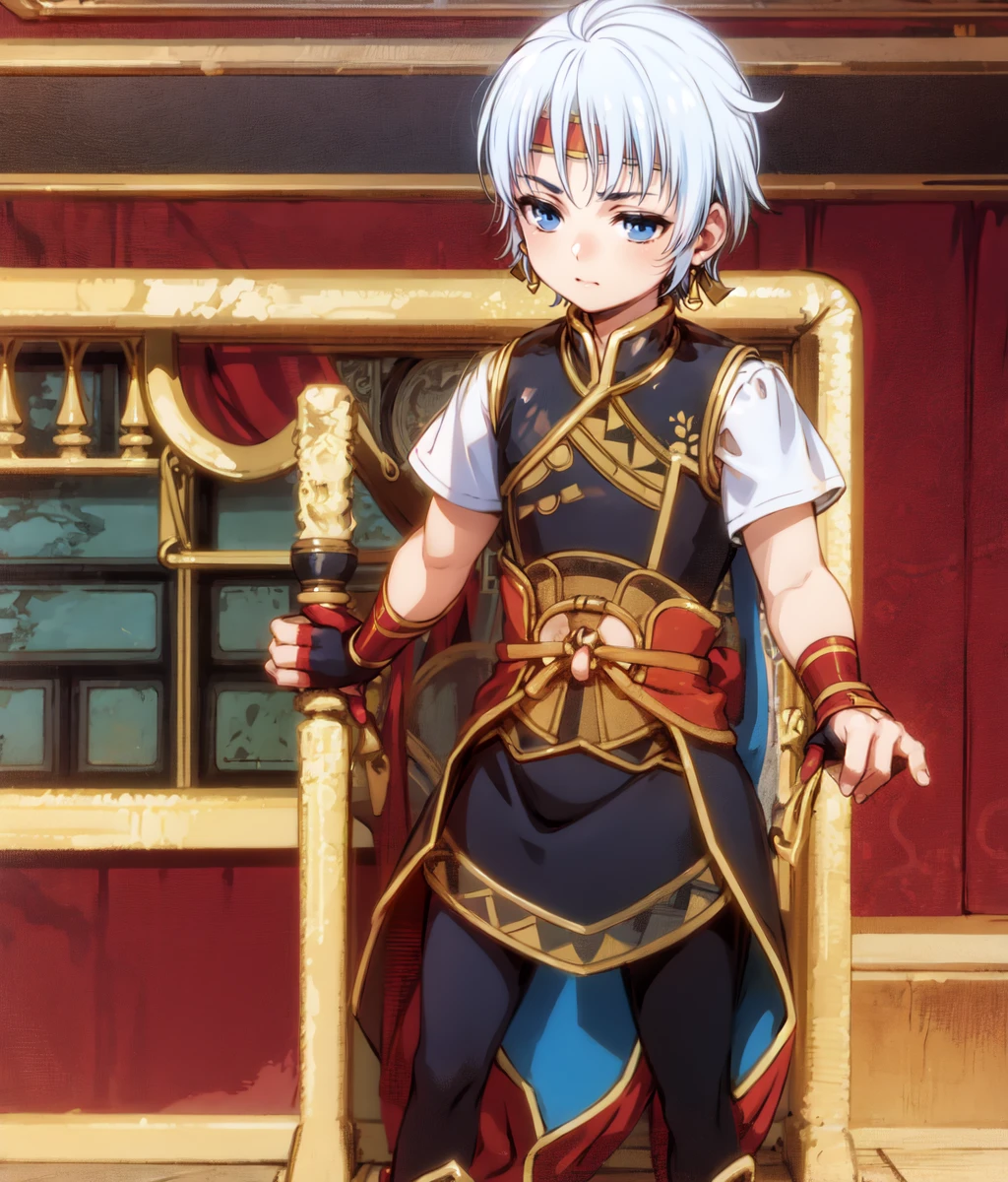 masterpiece, anime screencap, 1 boy, solo, white hair, blue eyes, short hair, earring, black gold outfit, white short sleeves, fingerless gloves, full body, indoors, chinese palace, cowboy shot <lora:Freyjadour:1>