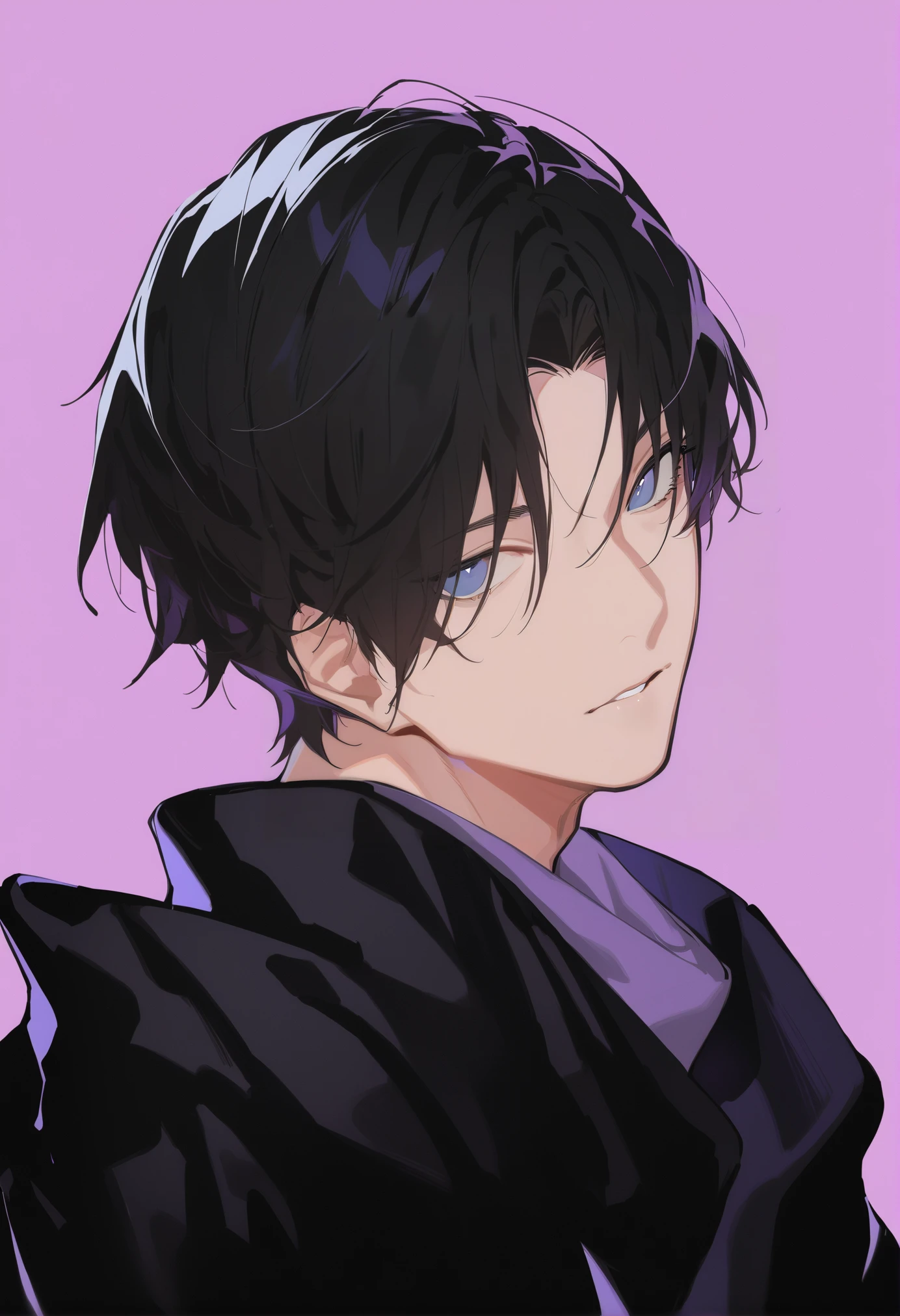 masterpiece, best quality, <lora:DPOXL:1> <lora:sola7764XL_V1:1>
1boy, solo, black hair, male focus, purple background, blue eyes, short hair, looking at viewer, upper body, simple background, jacket, parted lips, black jacket, bangs, looking back, pink background, scarf