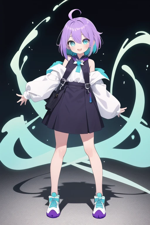 (masterpiece, best quality, high quality, highres, ultra-detailed),1girl,purple hair,braided bangs,short hair,aqua eyes,standing,looking at viewer,ahoge,colored inner hair,happy,full body,
