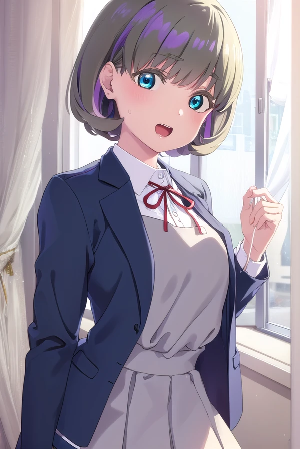 keketang, <lora:keke tang s2-lora-nochekaiser:1>,
keke tang, short hair, blue eyes, grey hair, multicolored hair, streaked hair, smile, open mouth, teeth,
BREAK shirt, dress, ribbon, school uniform, jacket, white shirt, open clothes, collared shirt, open jacket, red ribbon, neck ribbon, blue jacket, pinafore dress, grey dress, yuigaoka school uniform,
BREAK indoors, classroom,
BREAK looking at viewer, (cowboy shot:1.5),
BREAK <lyco:GoodHands-beta2:1>, (masterpiece:1.2), best quality, high resolution, unity 8k wallpaper, (illustration:0.8), (beautiful detailed eyes:1.6), extremely detailed face, perfect lighting, extremely detailed CG, (perfect hands, perfect anatomy),