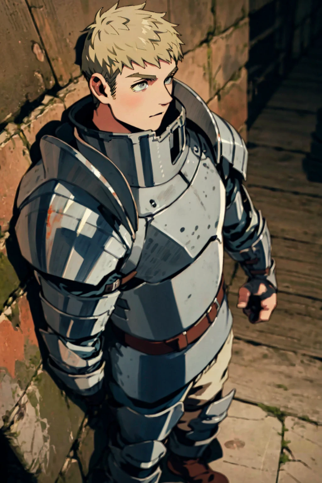 (1 image only),  solo male,  1boy,  Laios Touden,  Delicious in Dungeon,  knight,  blond hair,  short hair,  light gold eyes,  average height,  silver plate armour,  silver gauntlets,  white shirt under armor,  silver knee guards,  simple brown boots,  handsome,  charming,  alluring,  standing,  upper body in frame,  perfect anatomy,  perfect proportions,  2d,  anime,  (best quality,  masterpiece),  (perfect eyes,  perfect eye pupil),  high_resolution,  dutch angle,  dungeon location,  (Hands:1.1),  better_hands,<lora:EMS-498-EMS:0.300000>,<lora:EMS-290586-EMS:0.800000>