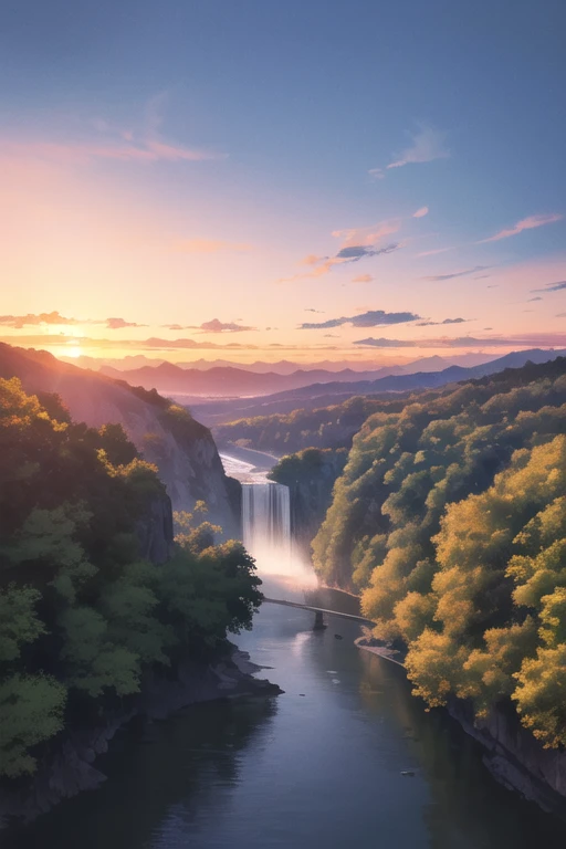 (masterpiece, best quality, high quality, highres, ultra-detailed),sunset, mountain, waterfall,  river,