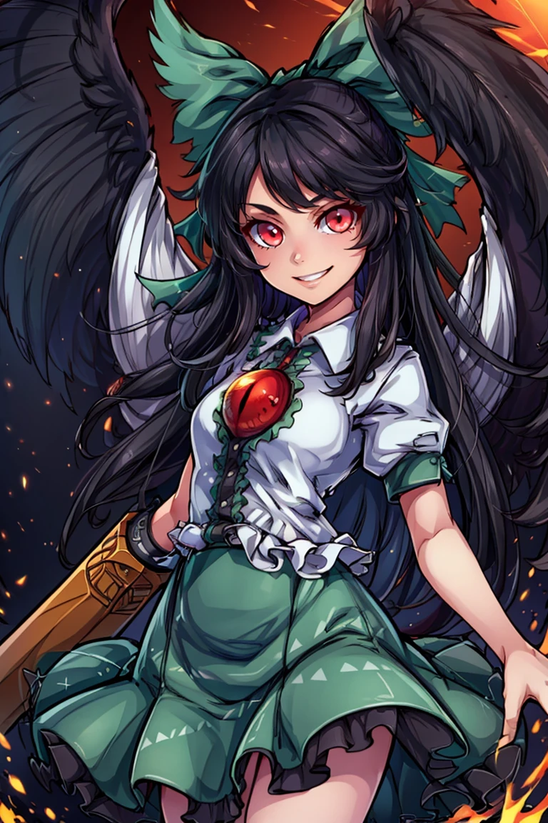 ((masterpiece,best quality)), absurdres, <lora:Reiuji_Utsuho_Touhou:0.8>, Reiuji_Utsuho_Touhou,  1girl, reiuji utsuho, solo, green bow, black hair, long hair, glowing eyes, third eye, hair bow, green bow, wings, red eyes, shirt, black wings, arm cannon, looking at viewer, skirt, short sleeves, cape, bird wings, green skirt, solo, smiling, looking at viewer, cowboy shot,