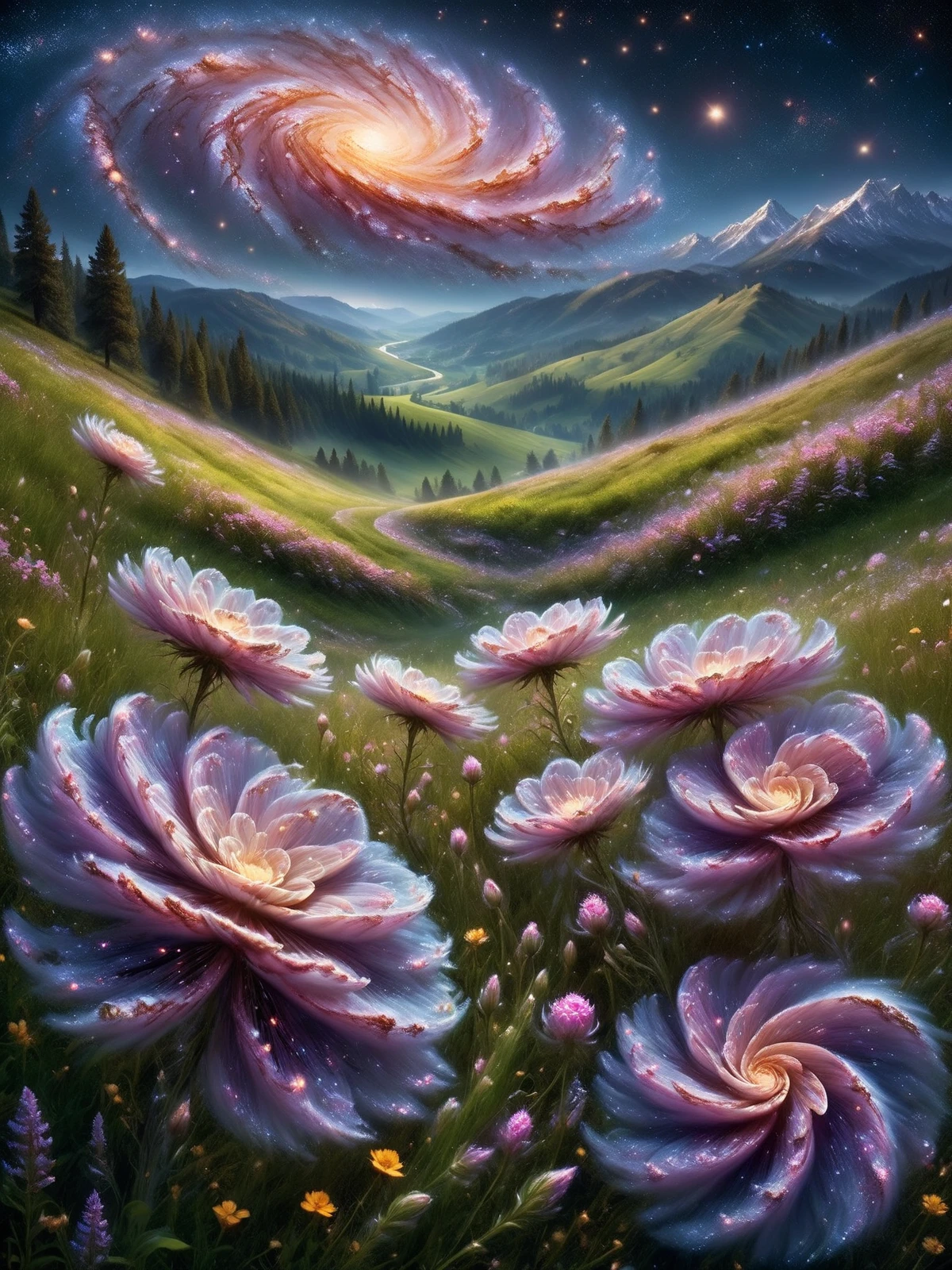 meadow and lush hills, field of mad-spiral-galaxy flowers <lora:Spiral_Galaxies_SDXL:1>, (masterpiece:1.2), best quality, (hyperdetailed, highest detailed:1.2), high resolution textures