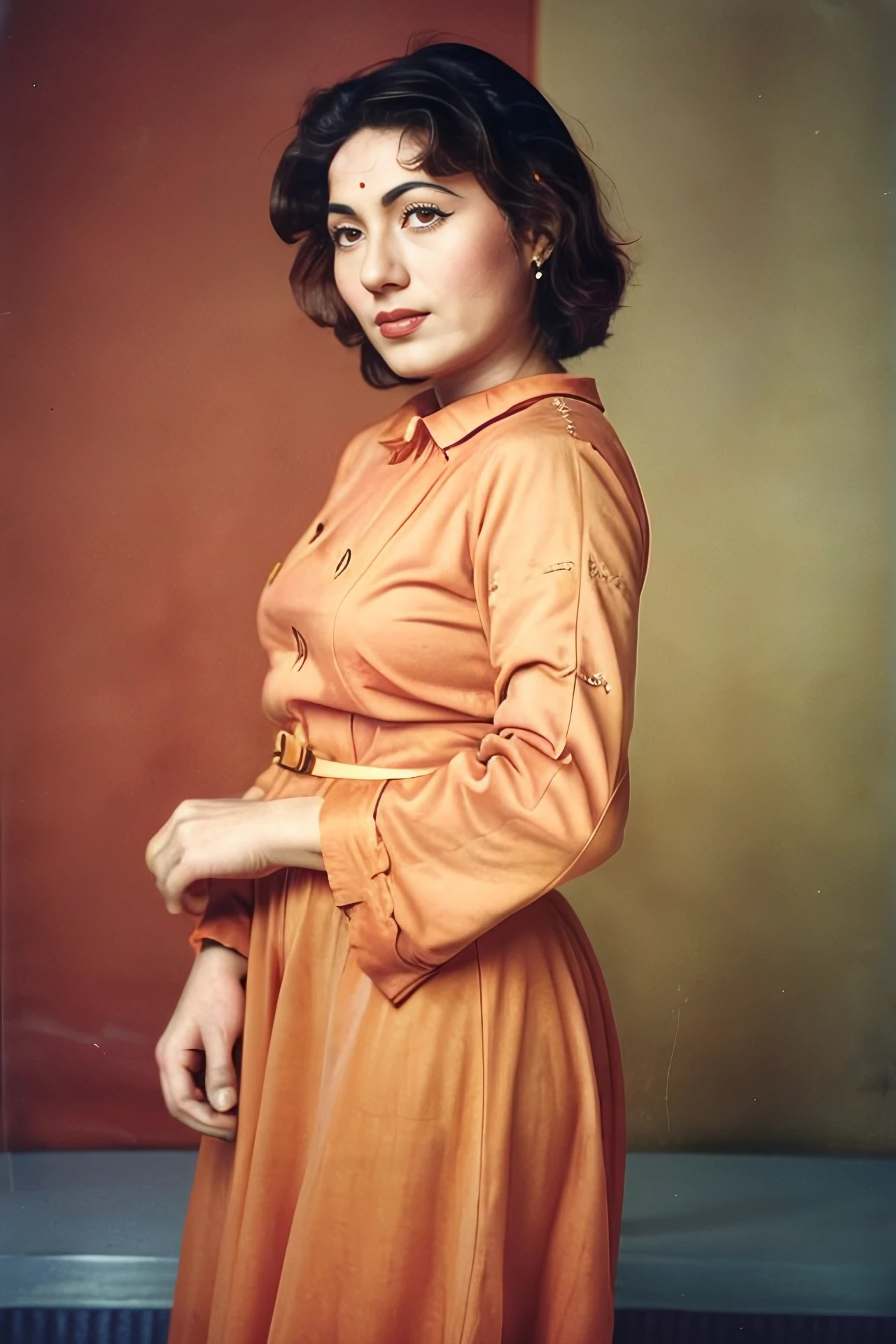photo of mdbla woman, 50s analog look, wearing conservative elegant Apricot clothing, dynamic pose, healthy skin, looking at camera, serious expression, accurate anatomy, simple contrasting background, film grain <lora:mdbla_Madhubala_SD15_LoRA_prodigy_local_regs-000003:1>
