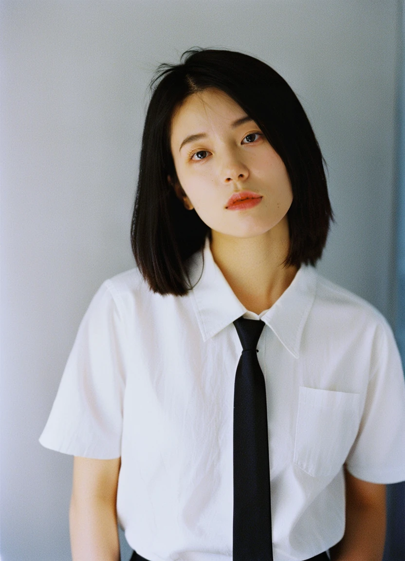 Film photography,Kodak 400 shooting,
a young woman with short,straight hair,wearing a white shirt and a black tie,She has a neutral expression and is positioned against a muted gray background,