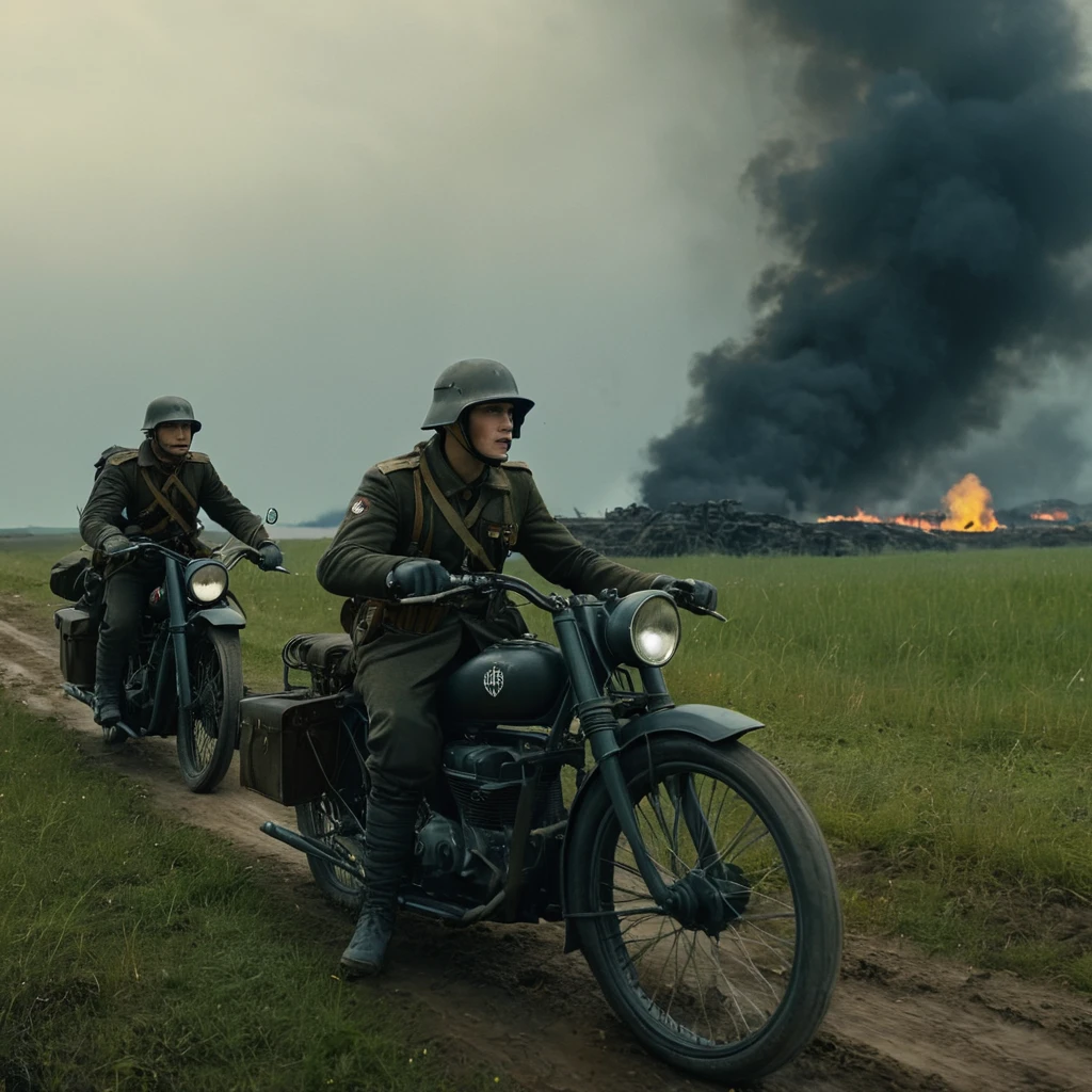 UHD, 4k, ultra detailed, cinematic, a photograph of  <lora:Battlefield ww1 style:1>
a german soldier man riding a german motorcycle next to a motorcycle battlefield ww1 style,gloves,weapon,outdoors,multiple boys,sky,cloud,2boys,armor,gun,military,helmet,grass,ground vehicle,motor vehicle,rifle,smoke,realistic,assault rifle,ruins,tank,motorcycle,soldier,war , war, war zone, battle, warrior, soldier, dark themed, cinematic, film look, world war 1, first world war, ww1, military, dramatic light, epic, beautiful lighting, inpsiring