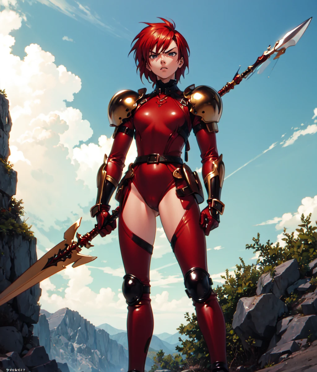 "(masterpiece:1.1), best quality, 
1girl, (80s anime style:1.3), (lip stick:1.4), (eyelashes:1.5),(loli:1.2), 
(intricate high detailed body:1.2), 
red hair, 
(forehead, parted bangs, hairclip:1.1), (very short hair, pixie cut:1.1), 
green eyes, (red lip stick, eye shadow:1.4), 
(muscular body:1.1), (medium breasts:1.1), 
grin, open mouth,
(fishnet body suit armor, cleavage cutout:1.2), (pantyhose:1.1), 
(knight armor, armored boots:1.2), (ribbon:1.1), (hoop earrings:1.1), gloves, 
standing, crossed arms, 
(upper body, cowboy shot, looking at viewer, from front:1.1),
(daytime, grassland, outdoors:1.1)"