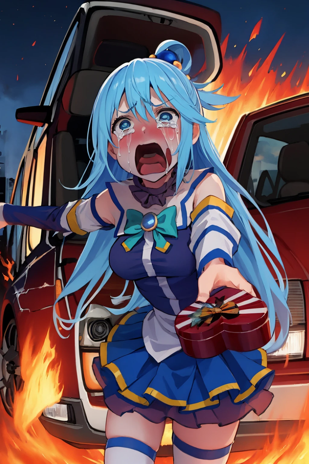 High Quality, Masterpiece, 1girl, IncrsGift, <lora:IncomingValentineGiftPOVOneHandV3:1>, incoming gift, aqua \(konosuba\), blue eyes, <lora:Char_Konosuba_Aqua:0.65>, aquascreaming, screaming, open mouth, crying with eyes open, <lora:Pos_AquaScreaming:1>, burning, fire in the background, building on fire, outdoors, night, car crash, car,