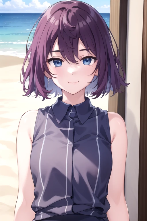 ((masterpiece)),(best quality),official art,extremely detailed CG,unity 8k wallpaper,ultra detailed,beautiful detailed eyes,extremely detailed face,beach,1girl,solo,upper body,(portrait:1.5),looking at viewer,facing viewer,smile,kudaka karin,short hair,purple hair,blue eyes,hair between eyes,collared shirt,grey shirt,vertical-striped shirt,sleeveless,medium breasts,shirt tucking in,wristwatch,jeans,sandals,<lora:Kudaka Karin(taws):0.9>,