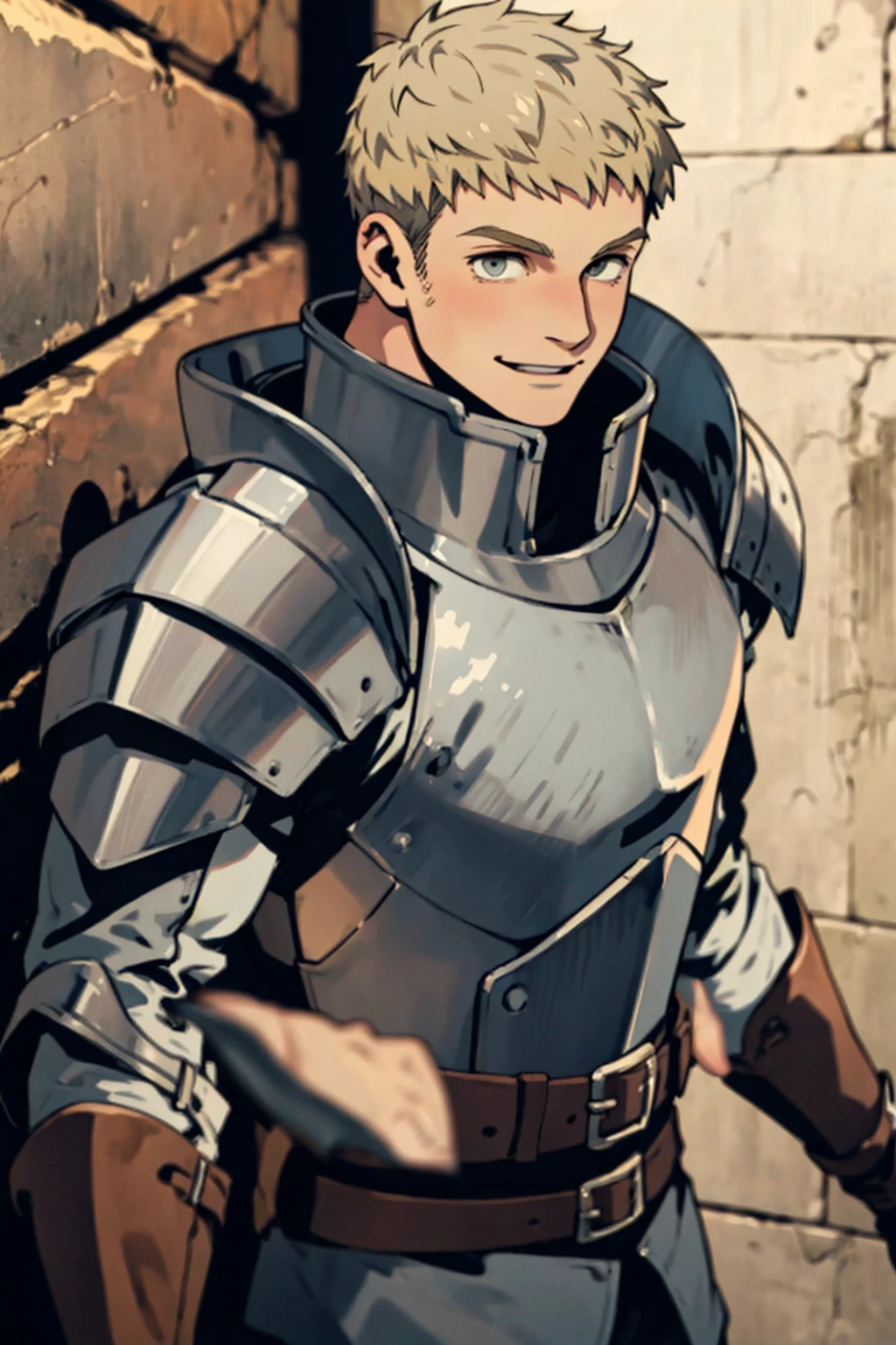 (1 image only),  solo male,  1boy,  Laios Touden,  Delicious in Dungeon,  knight,  blond hair,  short hair,  light gold eyes,  average height,  silver plate armour,  silver gauntlets,  white shirt under armor,  silver knee guards,  simple brown boots,  smile,  handsome,  charming,  alluring,  standing,  upper body in frame,  perfect anatomy,  perfect proportions,  2d,  anime,  (best quality,  masterpiece),  (perfect eyes,  perfect eye pupil),  high_resolution,  dutch angle,  dungeon location,  (Hands:1.1),  better_hands,<lora:EMS-498-EMS:0.300000>,<lora:EMS-290586-EMS:0.600000>