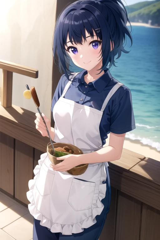 ((masterpiece)),(best quality),official art,extremely detailed CG,unity 8k wallpaper,ultra detailed,beautiful detailed eyes,extremely detailed face,beach,1girl,solo,cowboy shot,looking at viewer,facing viewer,smile,teruya tsukimi,short hair,blue hair,ponytail,sidelocks,purple eyes,collared shirt,blue shirt,short sleeves,medium breasts,waist apron,blue pants,sandals,<lora:Teruya Tsukimi(taws)>,