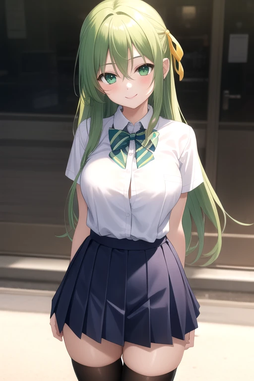 ((masterpiece)),(best quality),official art,extremely detailed CG,unity 8k wallpaper,ultra detailed,beautiful detailed eyes,extremely detailed face,1girl,solo,cowboy shot,looking at viewer,facing viewer,smile,sonozaki shion,very long hair,green hair,hair ribbon,yellow ribbon,hair between eyes,parted bangs,green eyes,collared shirt,white shirt,short sleeves,bowtie,blue bow,striped bow,large breasts,tight,blue skirt,pleated skirt,zettai ryouiki,black thighhighs,loafers,<lora:Sonozaki Shion(hnnk)>,