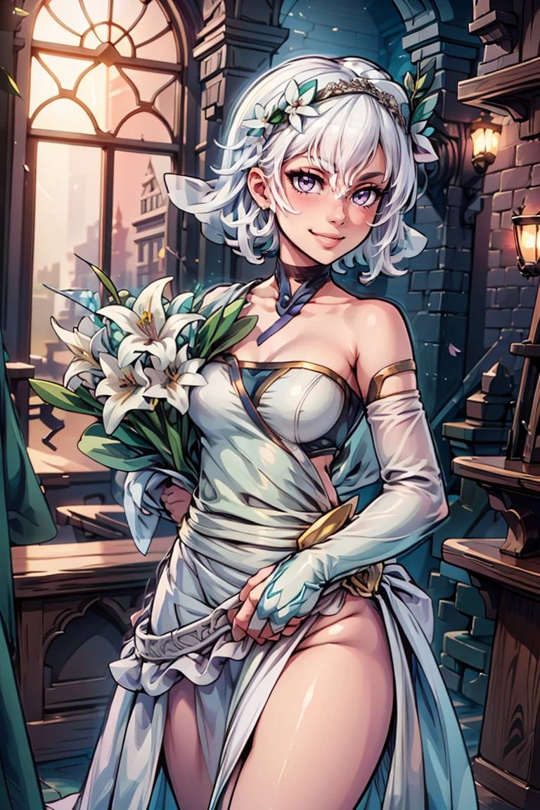 ((masterpiece,best quality)), absurdres, <lora:Lily_Everhart_v2:0.8>, Lily_Everhart, white hair, purple eyes, looking at viewer, smile,, cowboy shot,  bride, wedding dress, bridal veil, strapless dress, elbow gloves,  holding bouquet,