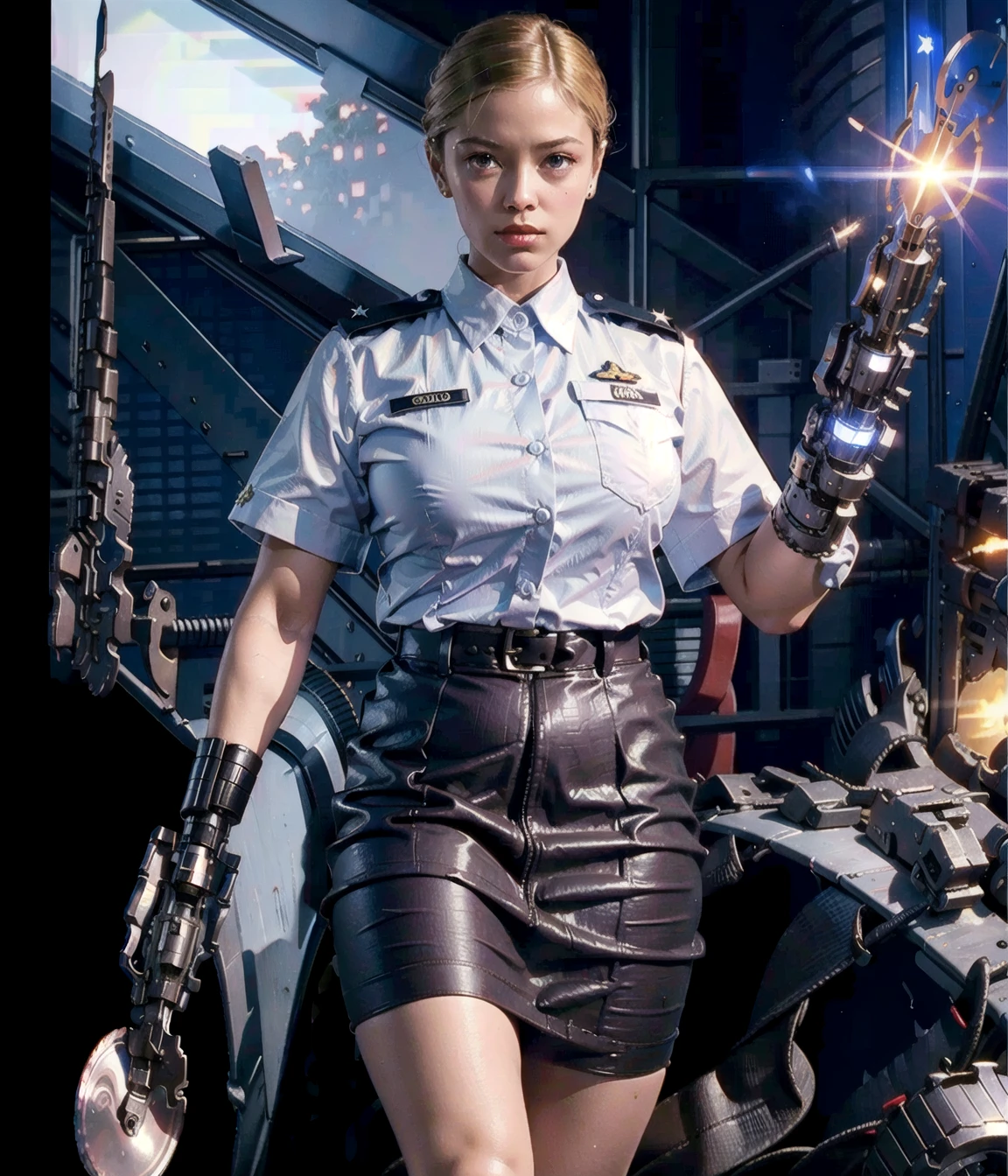 manga realistic, <lora:TERMINATRIX:0.85>, t-x, circular saw, terminator 3, (military uniform, white shirt:1.3), comb over, forehead, blue skirt, parted bangs, slick side-parted bun, blonde hair, wide shot, single mechanical arm, glowing weapon, terminator \(series\), skin tight