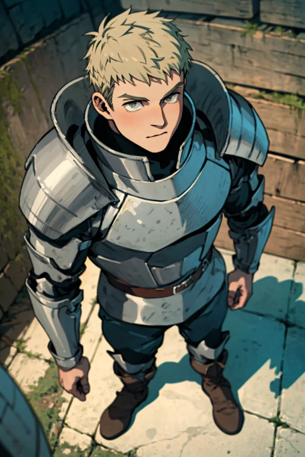 (1 image only),  solo male,  1boy,  Laios Touden,  Delicious in Dungeon,  knight,  blond hair,  short hair,  light gold eyes,  average height,  silver plate armour,  silver gauntlets,  white shirt under armor,  silver knee guards,  simple brown boots,  handsome,  charming,  alluring,  standing,  upper body in frame,  perfect anatomy,  perfect proportions,  2d,  anime,  (best quality,  masterpiece),  (perfect eyes,  perfect eye pupil),  high_resolution,  dutch angle,  dungeon location,  (Hands:1.1),  better_hands,<lora:EMS-498-EMS:0.300000>,<lora:EMS-290586-EMS:0.700000>