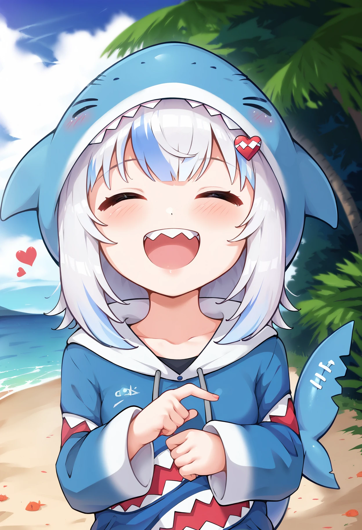 score_9, score_8_up, score_7_up, best quality, masterpiece, uncensored, source_anime
BREAK
gawr gura, gawr gura 1st costume, blue hoodie, hood up, fins, fish tail, medium hair, white hair, sharp teeth, shark tail, 1girl, :d, ^ ^, ahoge, blush, closed eyes, heart, heart hair ornament, index fingers together, open mouth, smile, solo, teeth, upper teeth only, virtual youtuber, outdoors, sea, water
<lora:merrytail_pony_v1-000012:1>