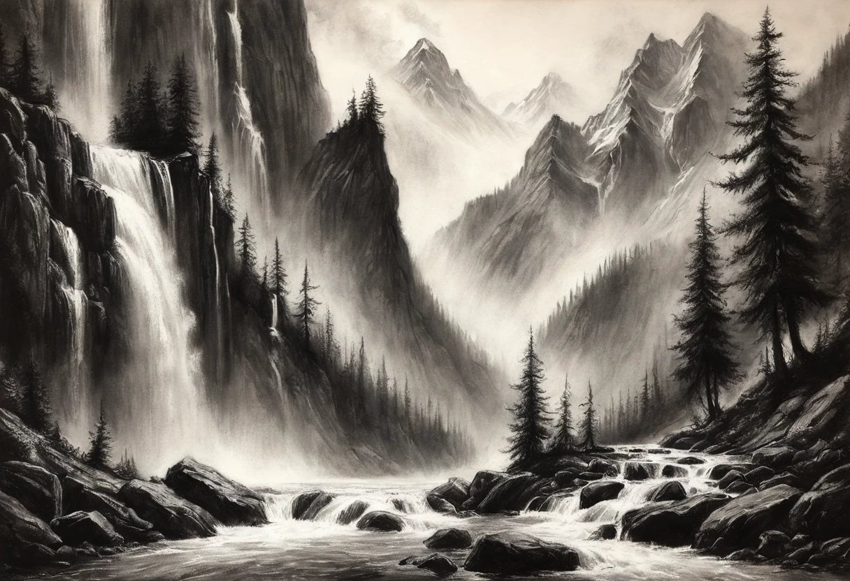 <lora:Charcoal1.0:0.5>, fantasy, mountains, waterfall, Charcoal Drawing, 