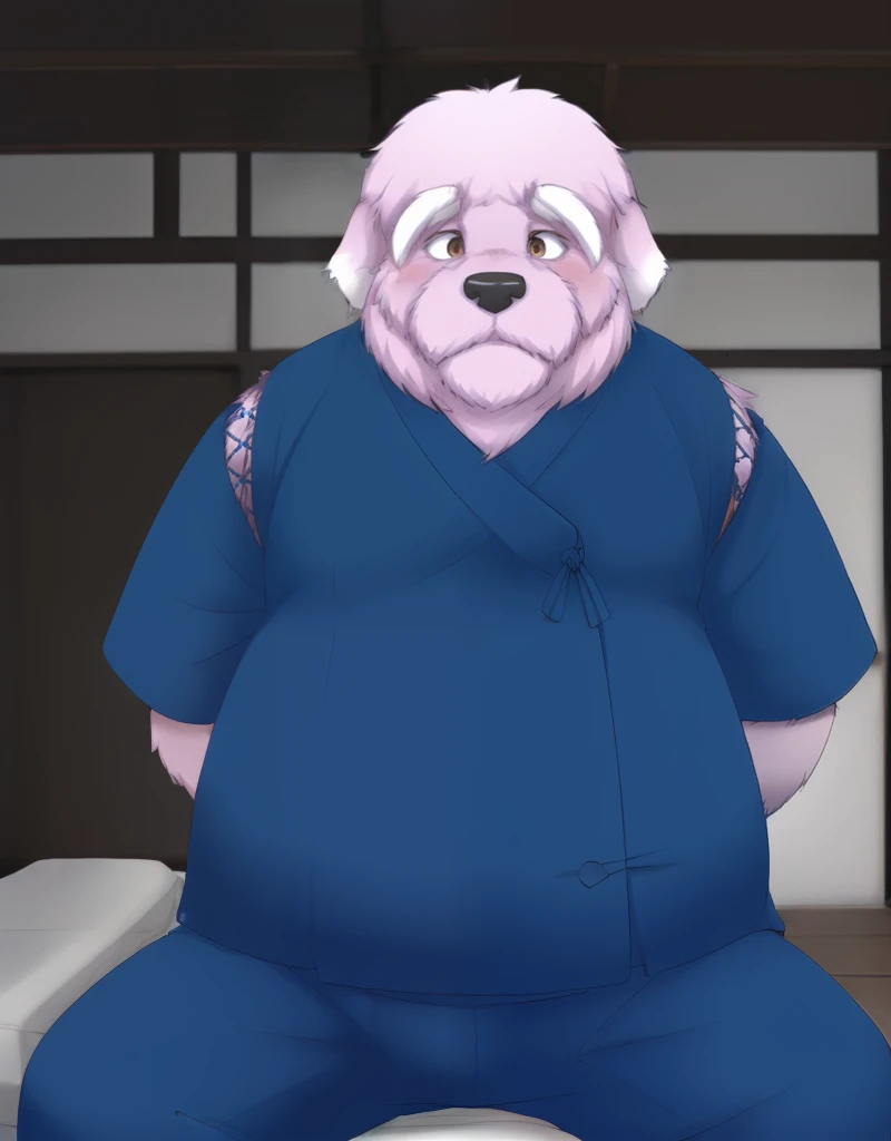 (((detailed eyes, detailed face))), (furry, shigure <lora:character_shigure_findigo_v1_2:0.9>, purple hair, facial hair, white thick eyebrows, dog boy, snout, old man, brown eyes), male, (solo), (plump, fat, chubby, overweight), (blue kimono, short sleeves, blue pants), sitting, (arms behind back), smile BREAK (konzaburou, ukan_muri, cute), bedroom, (flat shading, flat color, high brightness), 8k, UHD, masterpiece, (full body)