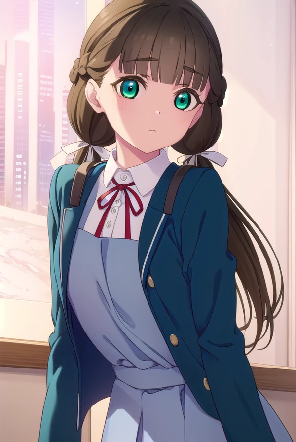 kinakosakurakouji, <lora:kinako sakurakouji s2-lora-nochekaiser:1>,
kinako sakurakouji, long hair, bangs, brown hair, twintails, (green eyes:1.3), hair ribbon, braid, blunt bangs, low twintails,
BREAK shirt, dress, ribbon, school uniform, jacket, white shirt, open clothes, collared shirt, open jacket, red ribbon, neck ribbon, blue jacket, pinafore dress, grey dress, yuigaoka school uniform,
BREAK indoors, classroom,
BREAK looking at viewer, (cowboy shot:1.5),
BREAK <lyco:GoodHands-beta2:1>, (masterpiece:1.2), best quality, high resolution, unity 8k wallpaper, (illustration:0.8), (beautiful detailed eyes:1.6), extremely detailed face, perfect lighting, extremely detailed CG, (perfect hands, perfect anatomy),