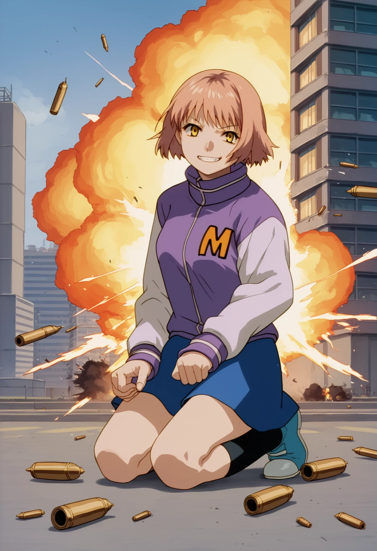 score_9, score_8, score_7, source_anime,
rating_general,
<lora:mikura-ponyxl-000030:1> mikuraova, yellow eyes,
letterman jacket, purple shirt, white sleeves, skirt, blue skirt,
1girl, solo, grin, kneeling, bomb, explosion, building, bullet hole, urban