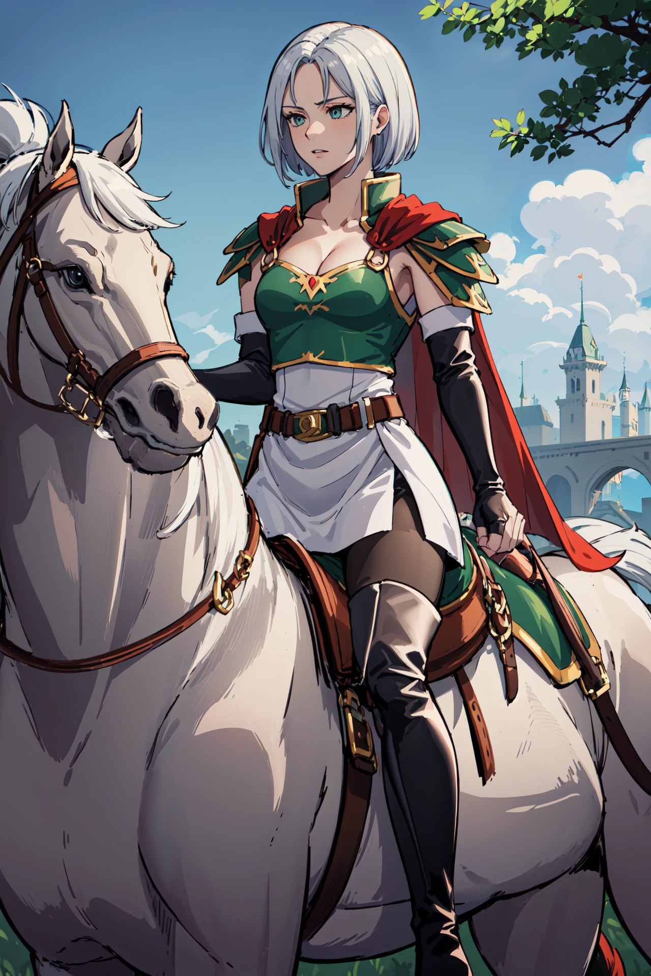 <lora:amaldaV3:0.7>,amalda, (horse,riding a horse,saddle,reins:1.2),thigh boots, cape, thighhighs,armor, elbow gloves, fingerless gloves, black footwear, pantyhose, cleavage, belt, shoulder armor, dress,skirt,outdoors,castle,sunlight, (masterpiece, best quality, ultra-detailed, best shadow)