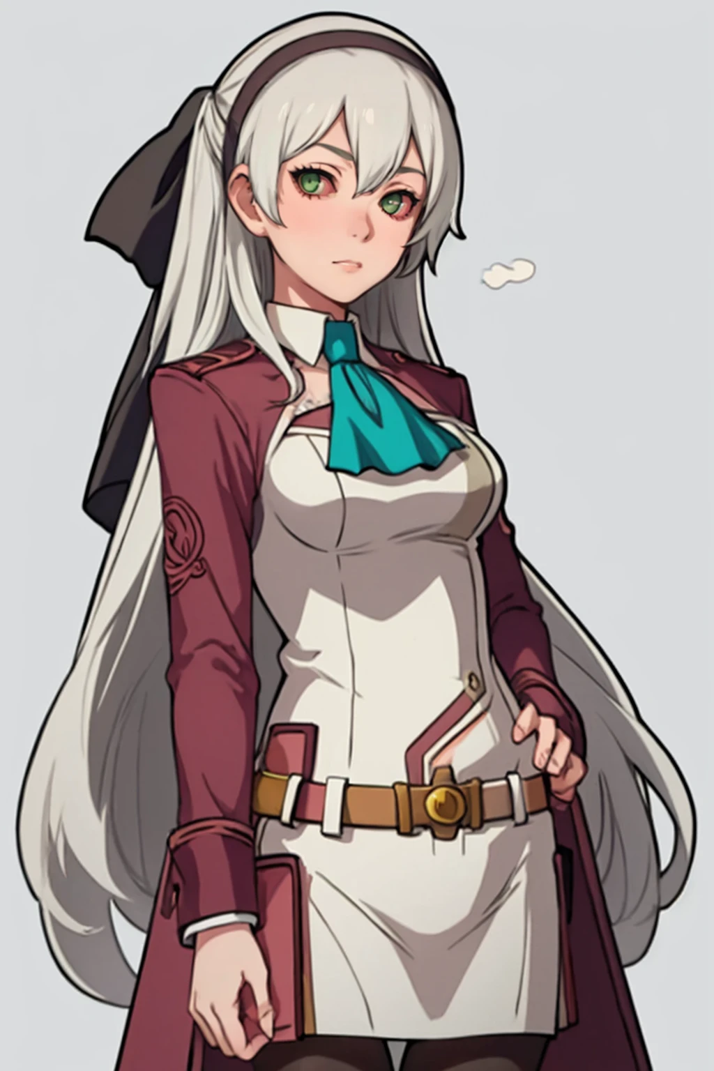 masterpiece, best quality, solo, 1girl, looking at viewer, <lora:Stoned-Concept_Fp:1>, stoned, <lora:elie-nvwls-v2-zero:0.9>, elie macdowell, green eyes, hairband, blue ascot, hair ribbon, long sleeves, belt, pantyhose, simple background, colored sclera,