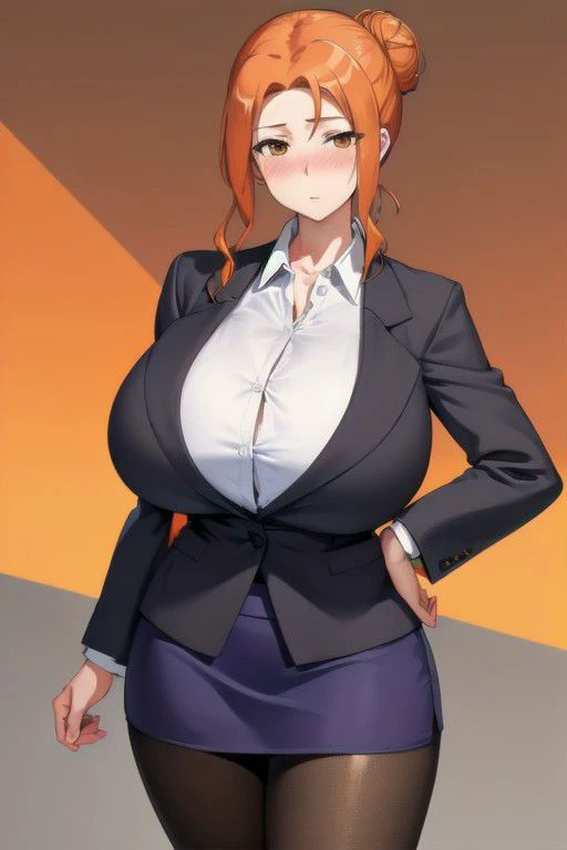 HDR,UHD,8K, best quality, masterpiece, Highly detailed, extreme detail description, 1girl, solo,
Tachibana Kyouka, hair bun, orange hair, sidelocks, brown eyes, gigantic breasts, mature female, pale skin,
business suit, black jacket, white shirt, long sleeves, formal suit, office lady, skirt, tights,