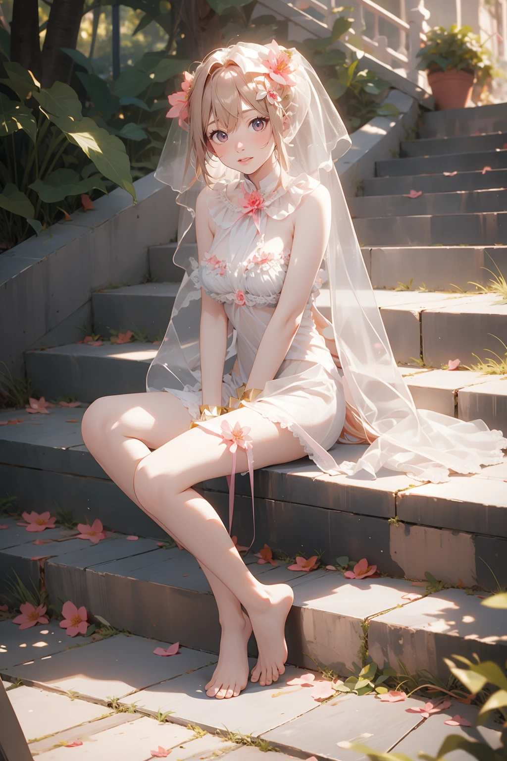 1girl,solo,medium breasts,outdoors,<lora:GoodHands-beta2:1>,(full body:1.3),barefoot,sitting,sitting on stairs,<lora:0224 God Mother Heket Destiny Child_v1:0.9>,ruanyi0224,veil,hair ornament,leg ribbon,hair flower,standing,, best quality,masterpiece,highres,official art,extremely detailed cg unity 8k wallpaper