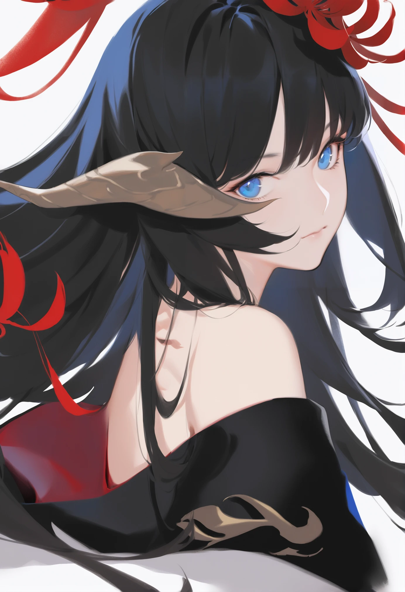 masterpiece, best quality, <lora:DPOXL:1> <lora:sola7764XL_V1:1>
1girl, solo, blue eyes, black hair, flower, horns, long hair, hair flower, hair ornament, off shoulder, white background, black kimono, au ra, looking at viewer, kimono, japanese clothes, upper body, bangs, red flower, bare shoulders, simple background, dragon horns, closed mouth, hyur, spider lily