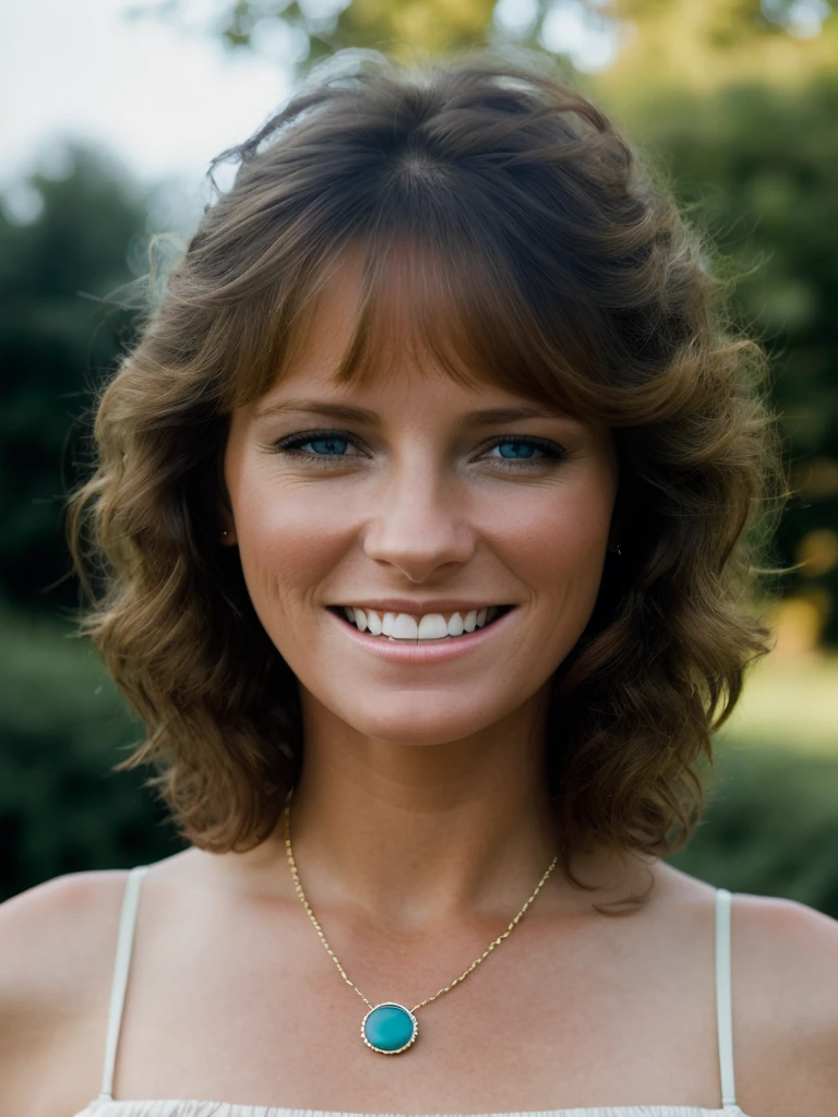 A beautiful ch3rylt woman,1girl,solo,long hair,looking at viewer,smile,blue eyes,simple background,brown hair,jewelry,upper body,teeth,necklace,grin,lips,curly hair,realistic,soft lighting, professional Photography, Photorealistic, detailed, RAW, analog, sharp focus, 8k, HD, high quality, masterpiece<lora:ch3rylt:1.0>