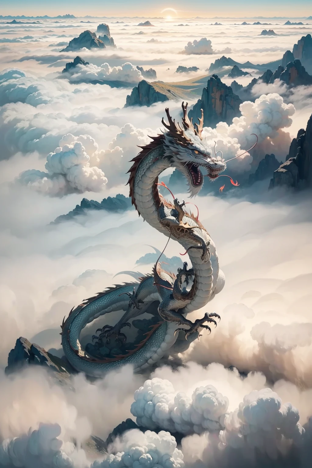 loong,cloudy sky,claws,eastern dragon,long tail,whiskers,chinese new year,cloud,no humans,gunzan,sky,cloud horizon,sun,outdoors,QINGLONG,SOLO,(Science fiction),((Soaring in the clouds and riding in the fog)),(((The dragon body disappears and appears in the clouds))),(full body:1.3),(ink wash painting:1.2),east asian architecture,<lora:0221 loong_v2:1>,ruanyi0221,(((floating in the clouds))),, best quality,masterpiece,highres,official art,extremely detailed cg unity 8k wallpaper