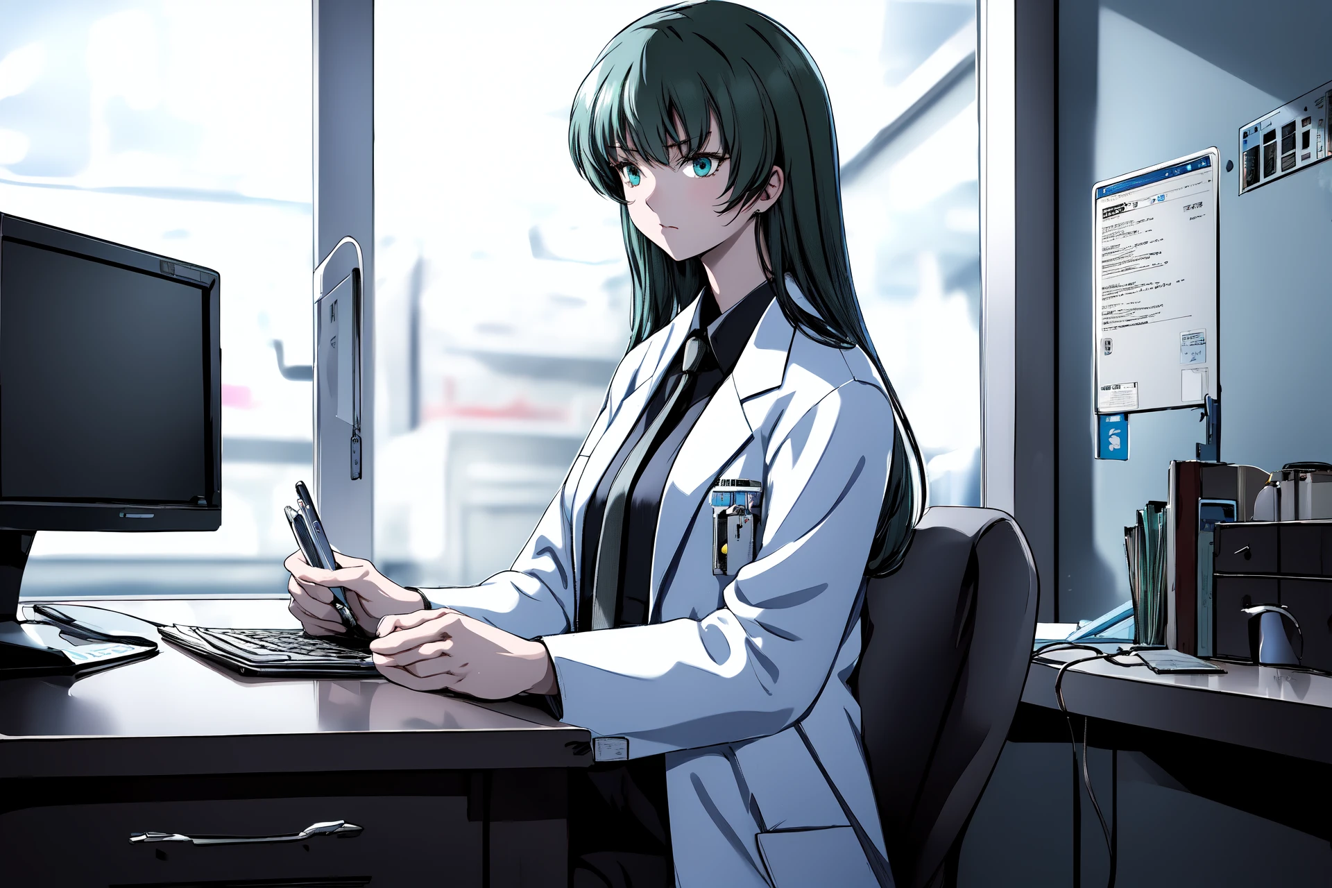 (RAW photo, best quality), 1girl, natural lighting, solo,
<lora:loveletter_sae_v1_2-000006:1>, loveletter_sae, necktie, labcoat, shirt, doctor's coat,
elegant, beautiful, detailed face, upper body,
seated, doctor's office, desk, serious, attentive, looking at computer screen,