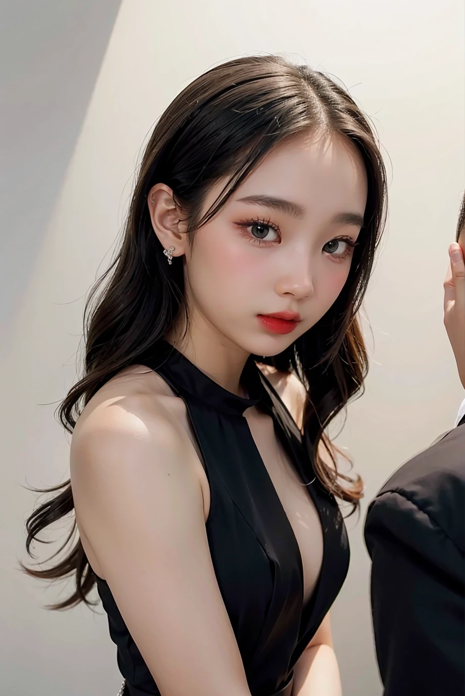 8K RAW photos, 22-year-old Korean model , slim , cleavage, beautiful abs, sleeveless, short length formal jacket, cropped length tops, skirts, eyes beautiful in detail, eyelashes, beautiful double eyelids, eye shadow, slit eyes, sanpaku eyes, perfect eye makeup, black ponytail hairstyles, earrings,