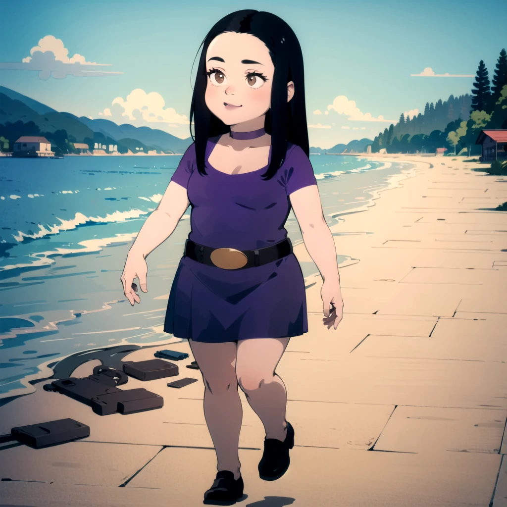 solo, 1girl,   belt, black hair, brown eyes, choker,  debbie hyman, dress, long hair, makeup, purple dress, short sleeves,     <lora:Debbie_Hyman_Leaf3-v3:0.8>, walking, beach,